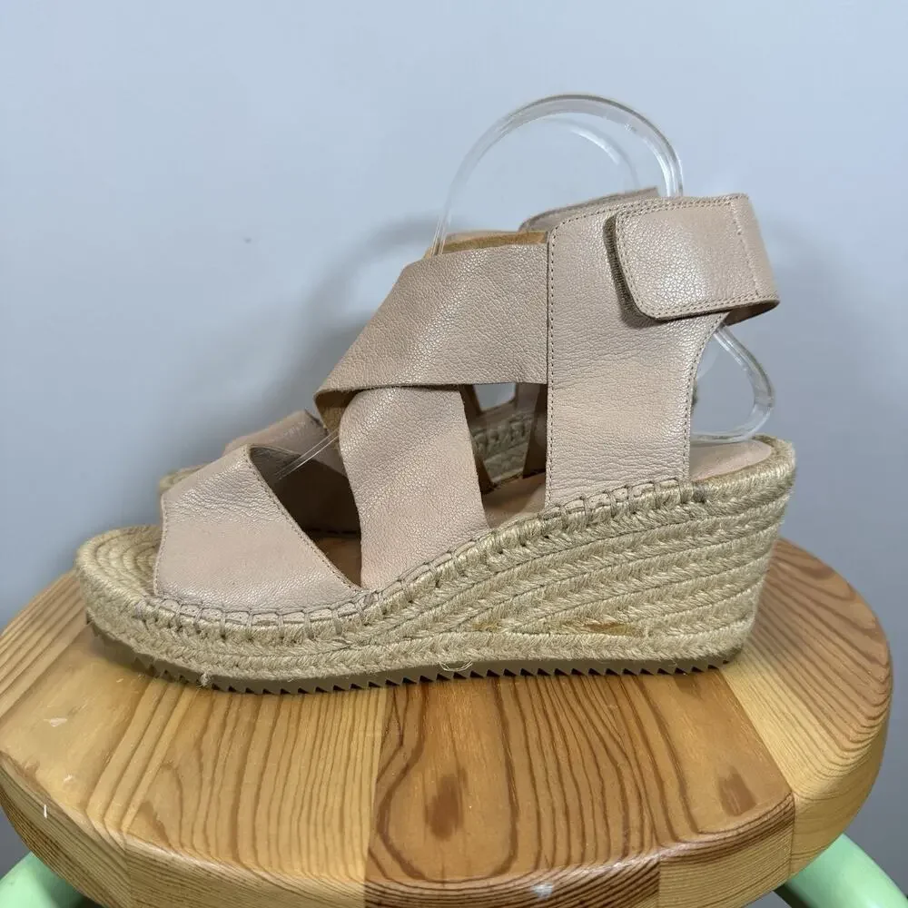 Eileen Fisher Nude Pink Leather Espadrille Wedge Sandals